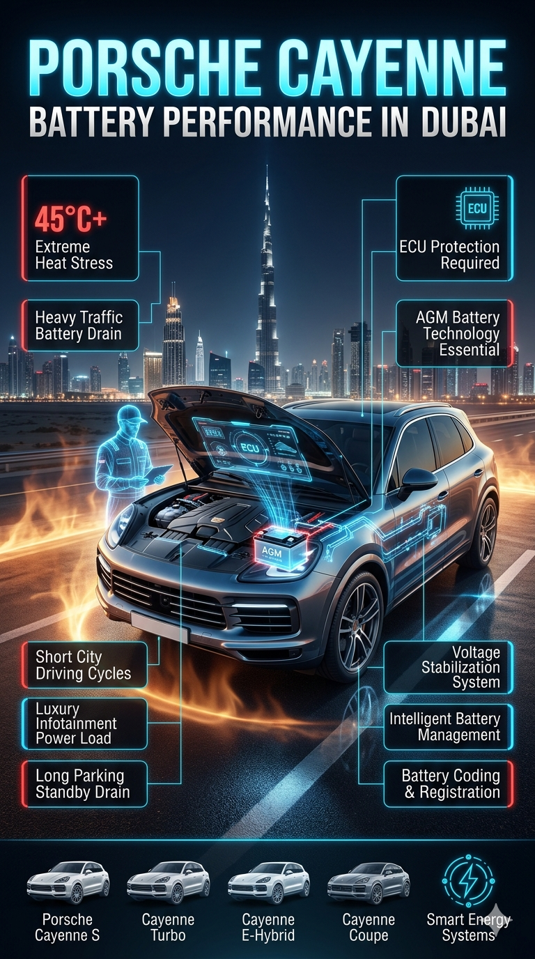 Luxury Porsche Cayenne battery infographic showing Dubai heat conditions, AGM battery system, ECU protection, traffic stress, and advanced SUV electrical performance.
