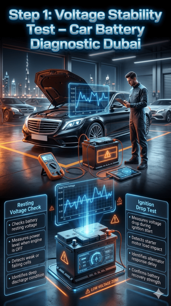 Car battery voltage stability test showing resting voltage check and ignition drop analysis with digital diagnostic tools in Dubai automotive service environment.
