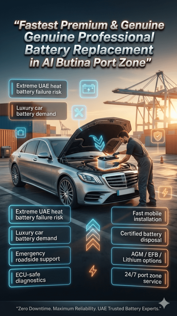Luxury car battery replacement service in Al Butina Port Zone showing technician installing a premium battery with UAE industrial port background and service highlights displayed on futuristic side panels.