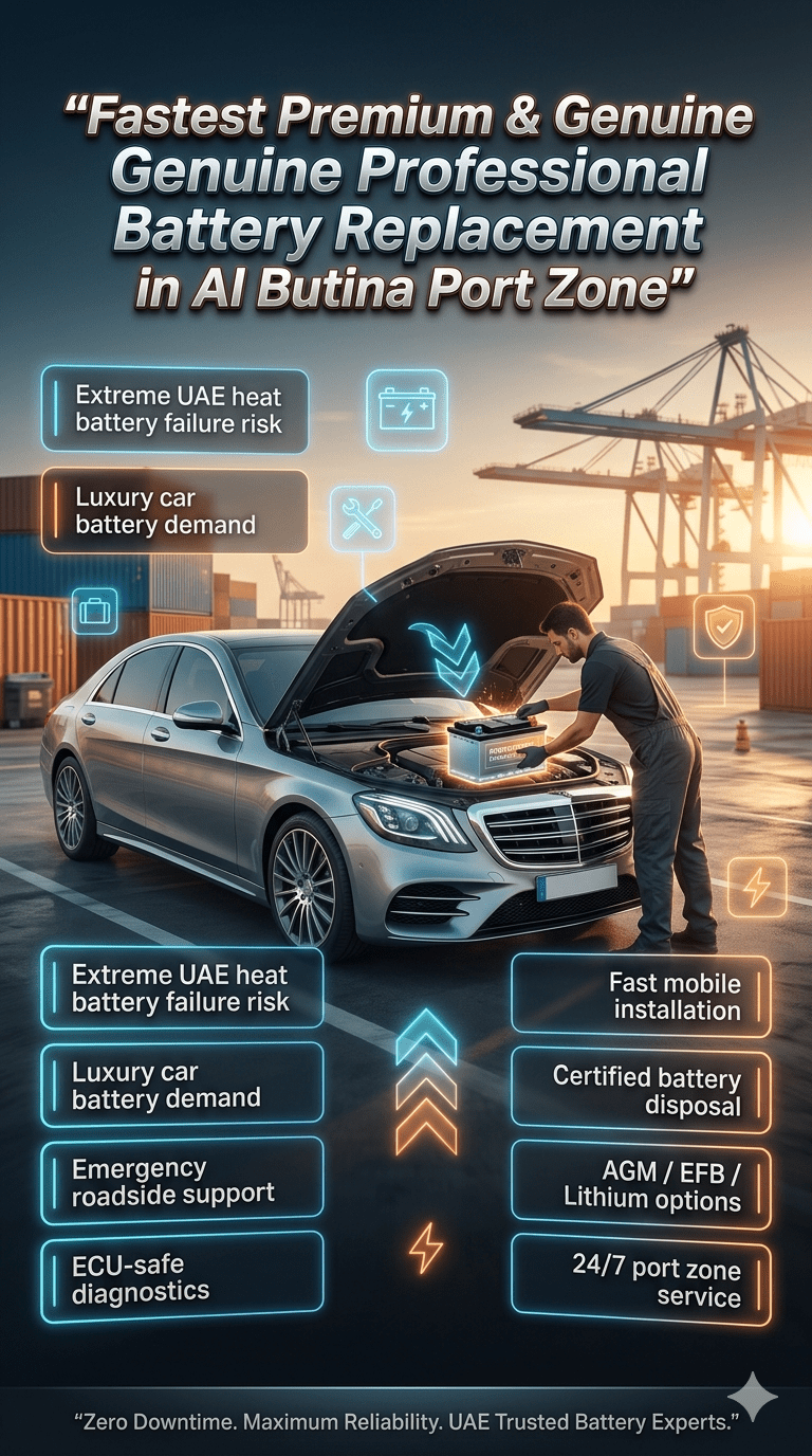 Luxury car battery replacement service in Al Butina Port Zone showing technician installing a premium battery with UAE industrial port background and service highlights displayed on futuristic side panels.