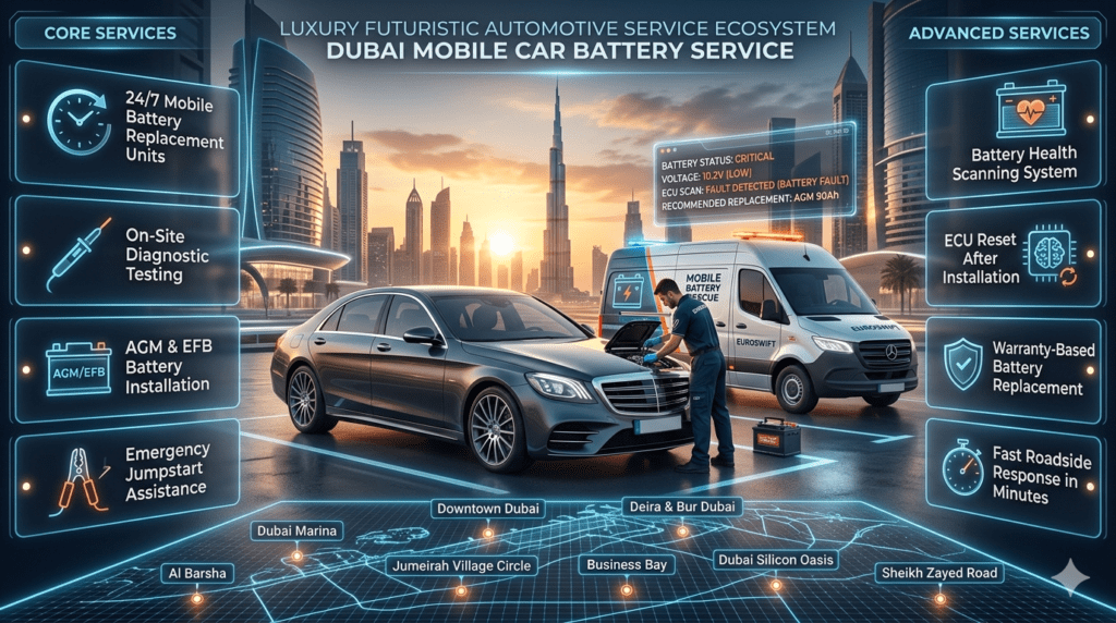 Dubai Mobile Car Battery Service Ecosystem – Fastest Premium & Genuine Battery Fix Near Me Service ecosystem for Fastest Premium & Genuine Car Battery Fix Near Me Dubai showing mobile battery replacement units, diagnostic services, and coverage areas across Dubai.