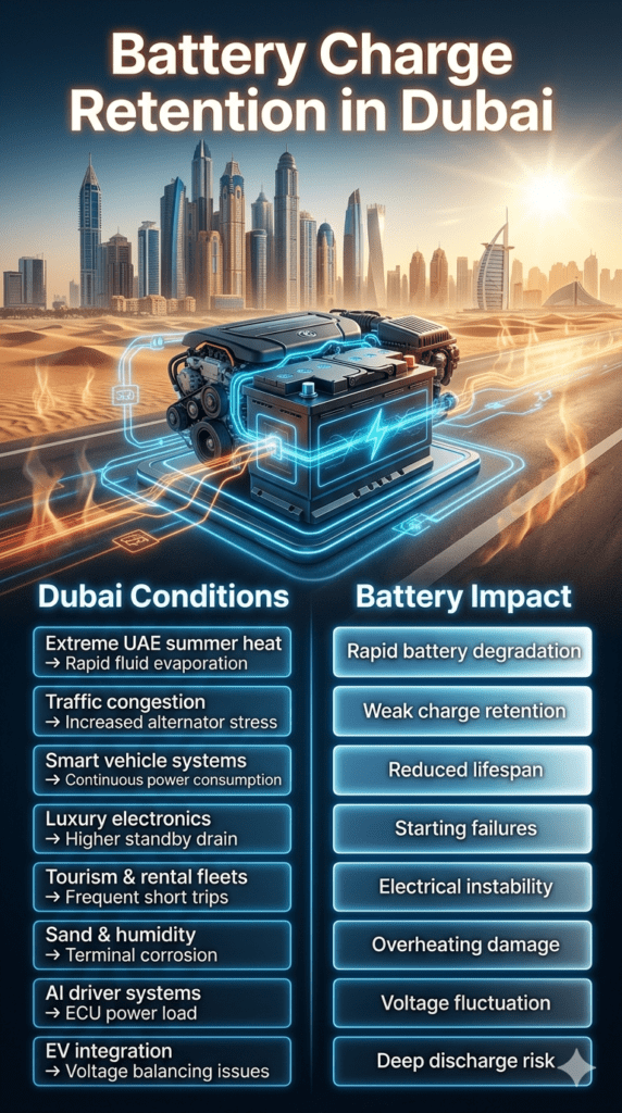 Infographic showing battery charge retention problems in Dubai, highlighting extreme UAE heat, traffic congestion, smart vehicle systems, and their impact on car battery performance and lifespan with a futuristic automotive design.