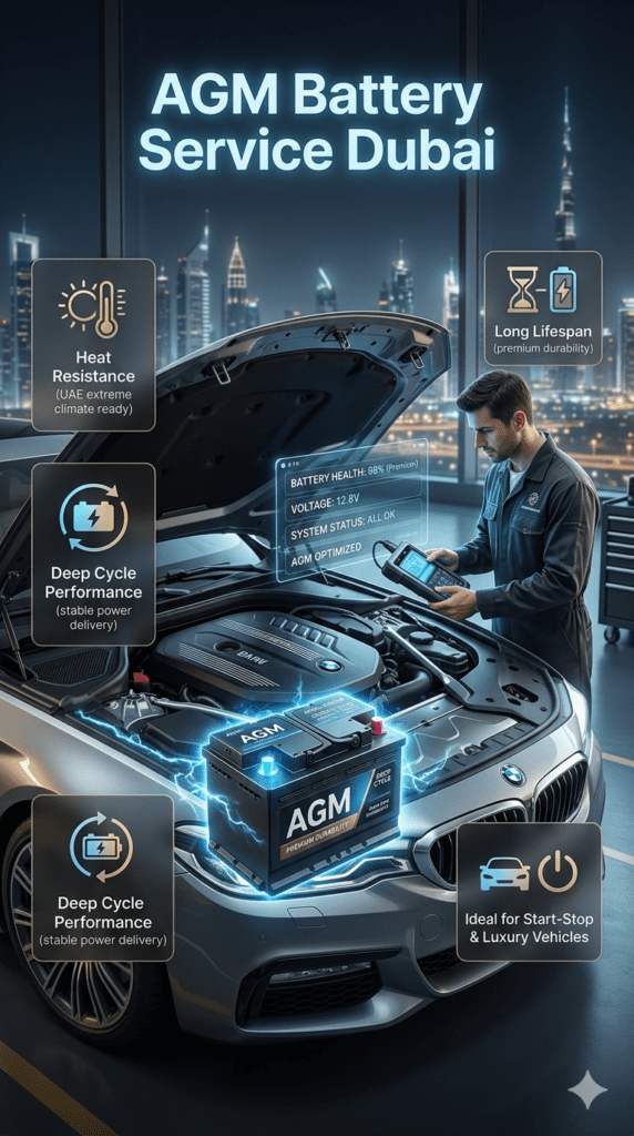 AGM Battery Service Dubai – Premium Luxury Vehicle Power Solution Luxury car AGM battery installation in Dubai showing heat-resistant, long-life battery service with deep cycle performance and start-stop system compatibility.