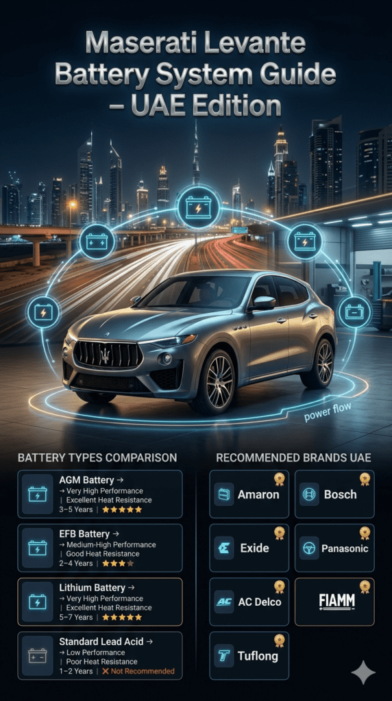 Maserati Levante battery system infographic showing AGM, EFB, lithium, and lead-acid battery comparison with recommended premium brands in UAE luxury SUV environment.