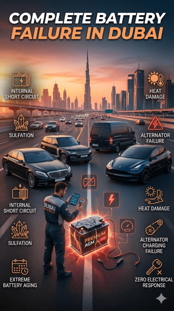 Luxury car experiencing complete battery failure in Dubai with roadside emergency assistance and diagnostic inspection.