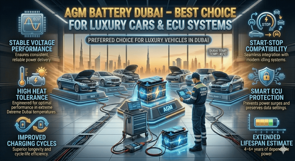 Premium AGM car battery for luxury vehicles in Dubai showing stable voltage, ECU protection, heat resistance benefits, BMW Mercedes Audi Range Rover Tesla battery replacement infographic.