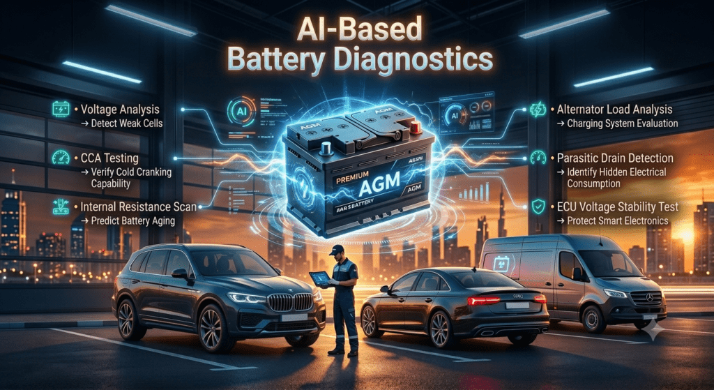Futuristic AI-based car battery diagnostic system showing smart battery analysis, voltage testing, ECU protection, and advanced automotive scanning technology in Dubai.