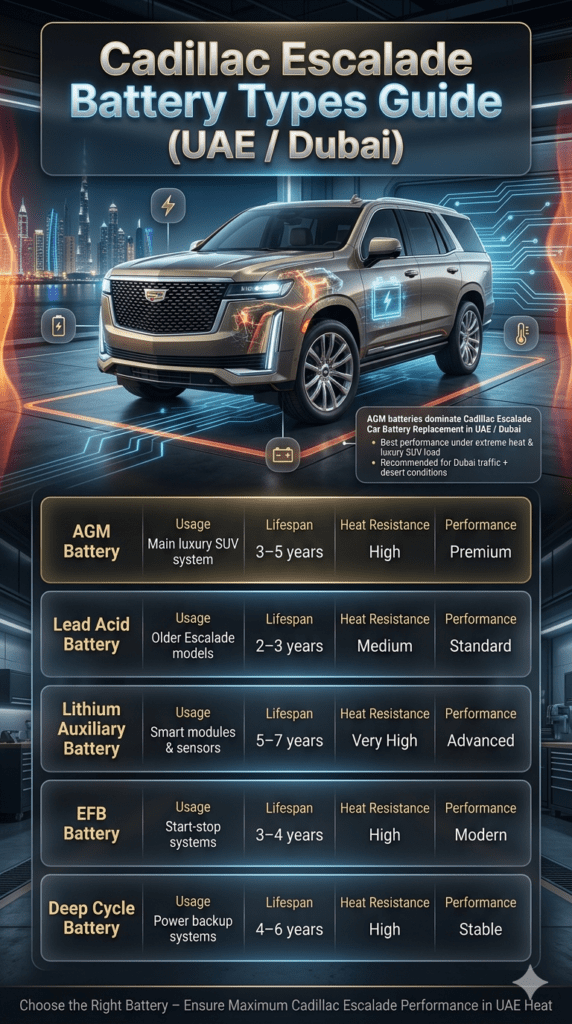 Luxury infographic showing Cadillac Escalade battery types comparison in UAE, including AGM, lithium, EFB, lead acid, and deep cycle batteries with performance, lifespan, and heat resistance in a modern futuristic design.