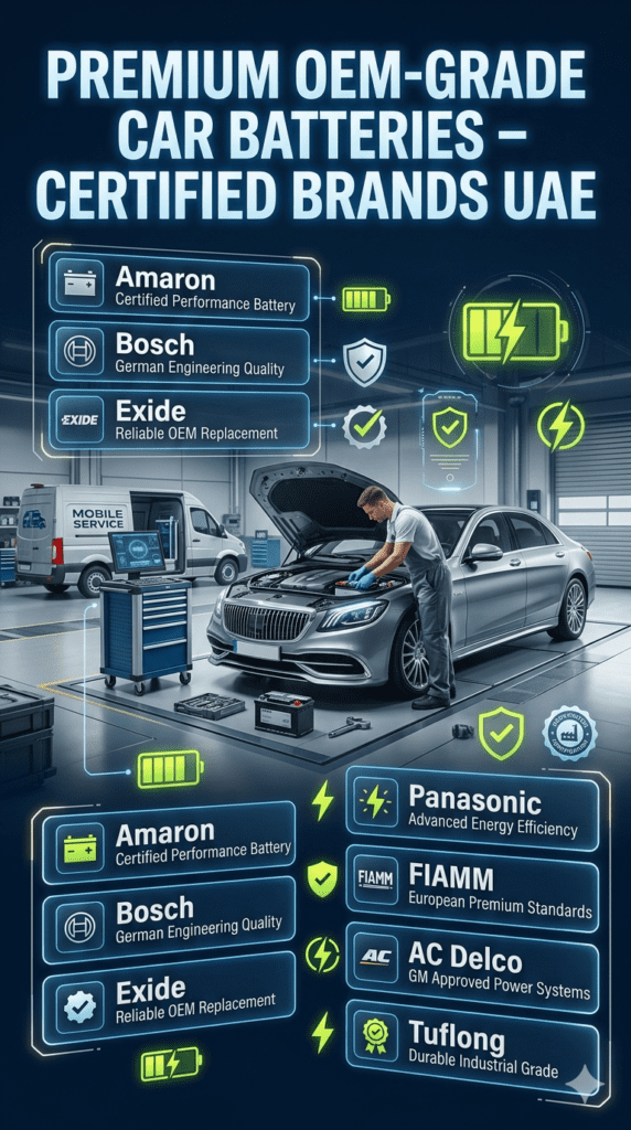 Premium OEM-Grade Car Batteries – Certified Automotive Brands UAE Premium automotive infographic showing OEM-grade certified car battery brands with central installation scene and branded automotive service design elements.