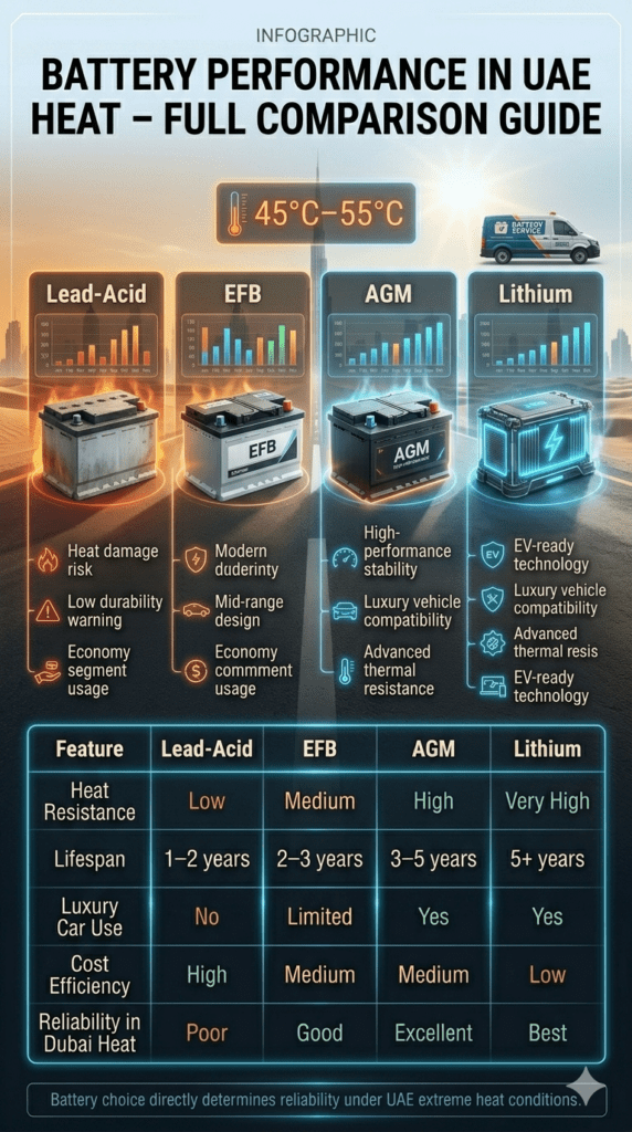 Automotive infographic comparing Lead-Acid, EFB, AGM, and Lithium batteries in Dubai heat conditions, showing differences in lifespan, heat resistance, cost efficiency, and luxury vehicle usage.