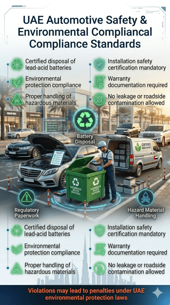 Certified technician safely handling and disposing of car battery in UAE with compliance icons showing environmental protection, safety certification, and regulatory requirements for battery replacement services.