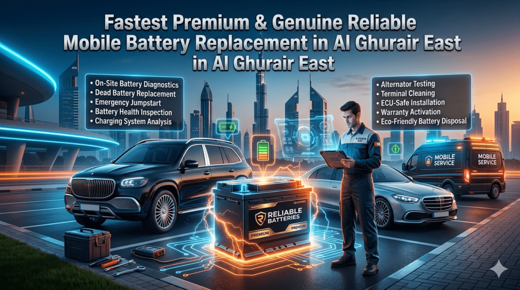 Premium mobile battery replacement service in Al Ghurair East Dubai featuring luxury vehicles, professional battery technician, AI diagnostics, emergency jumpstart service, and advanced roadside battery installation.
