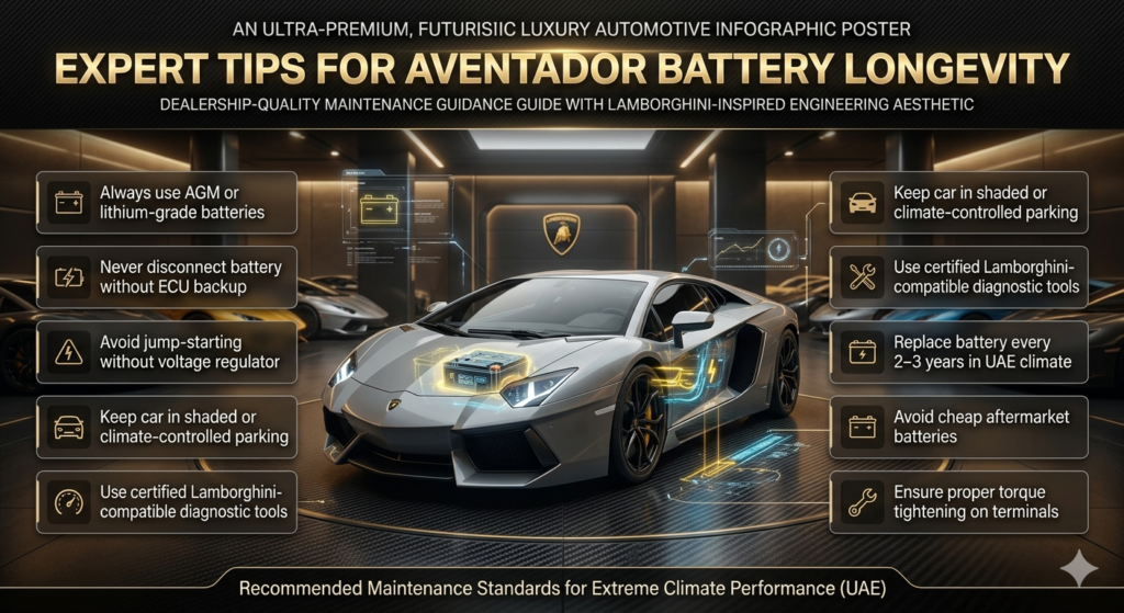Premium infographic showing Lamborghini Aventador battery longevity expert tips with central car image and side panels listing maintenance guidelines for AGM or lithium batteries and ECU-safe practices.