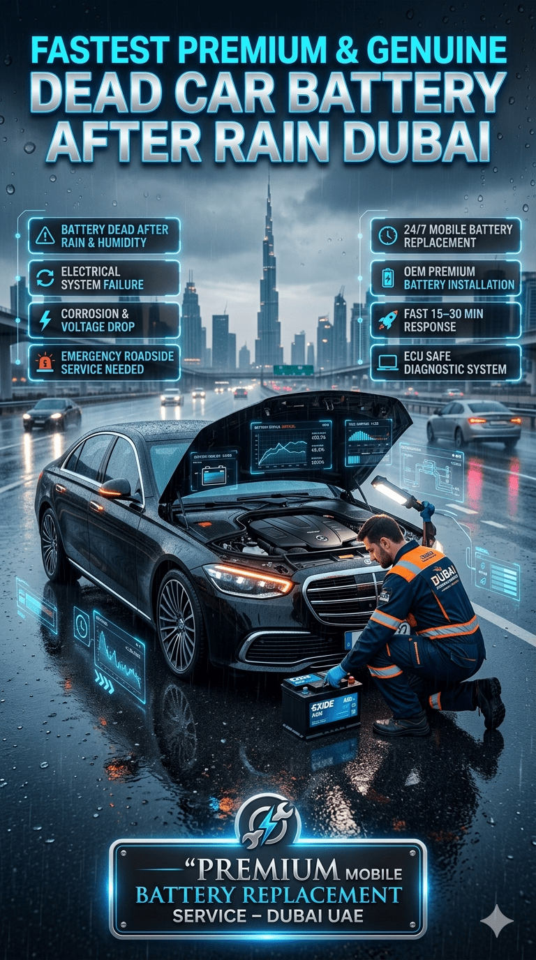 Luxury car battery replacement service in Dubai after rain showing mobile technician installing premium battery with emergency roadside assistance infographic layout and Dubai skyline background.