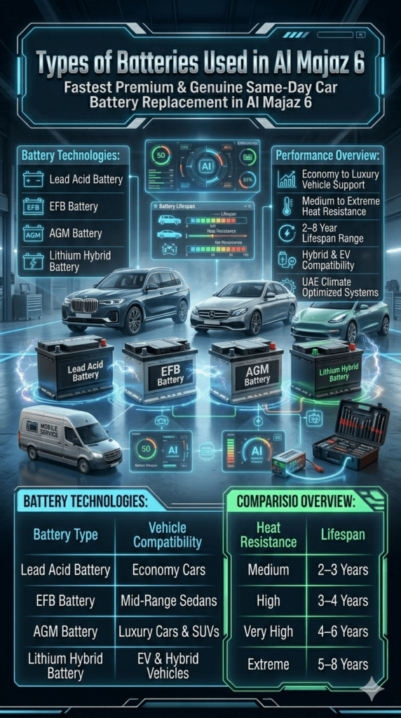 Automotive battery comparison infographic in Al Majaz 6 showing Lead Acid, EFB, AGM, and Lithium Hybrid batteries with heat resistance, lifespan, and vehicle compatibility details.