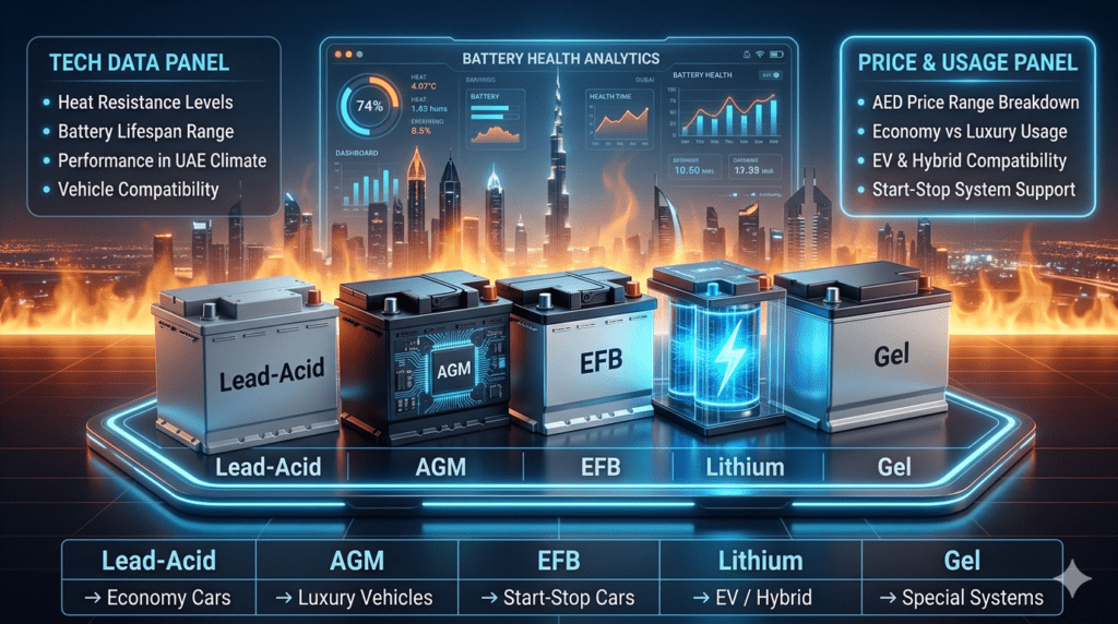 UAE Car Battery Comparison Table – Heat Resistance, Lifespan & Pricing Guide Battery comparison table for UAE market showing heat resistance, lifespan, price range, and usage types of Lead-Acid, AGM, EFB, Lithium, and Gel car batteries.