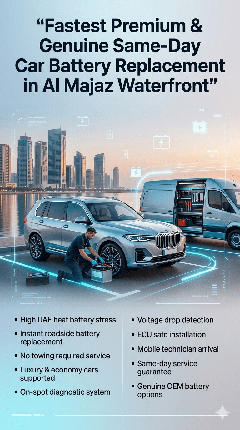 Premium roadside car battery replacement service in Al Majaz Waterfront showing technician installing a new battery in a luxury car with mobile service van and infographic points highlighting same-day emergency support in UAE heat conditions.