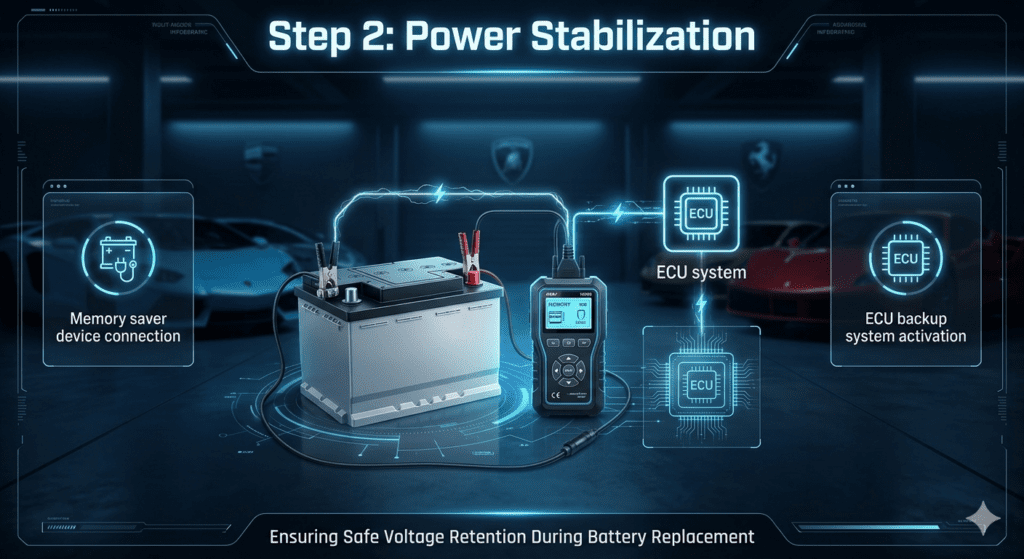 Premium automotive infographic showing power stabilization process with memory saver device connected to car battery and ECU backup system activation.