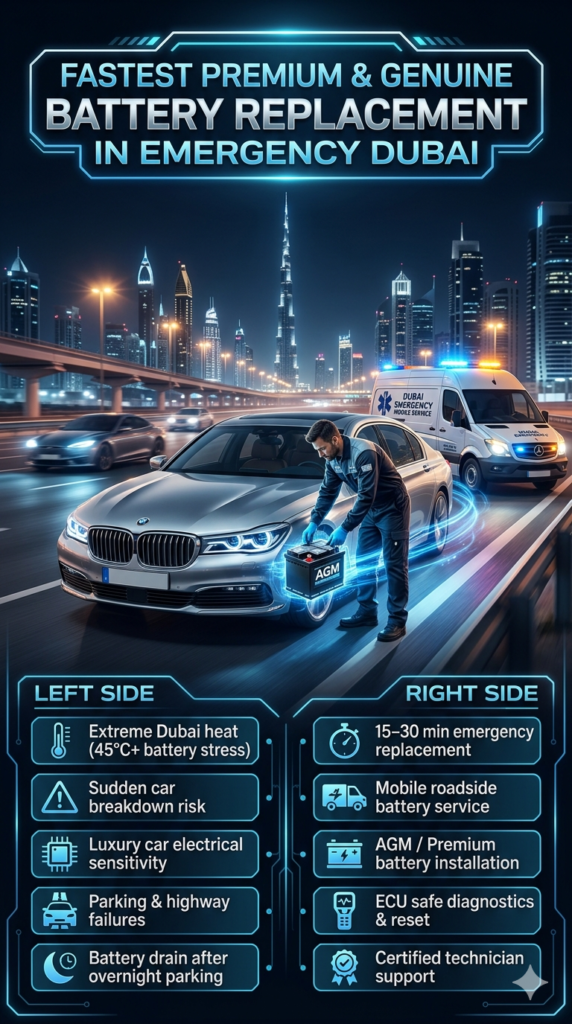 Luxury emergency car battery replacement in Dubai showing a technician servicing a BMW-style vehicle with Dubai skyline, with infographic side panels explaining causes, solutions, and fast roadside battery service.