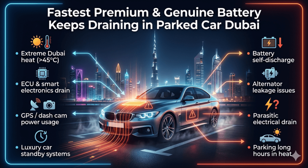 Luxury infographic showing a premium car in Dubai with battery draining issue, surrounded by causes like heat, ECU systems, GPS tracking, and electrical drain highlighted in side panels with modern design.