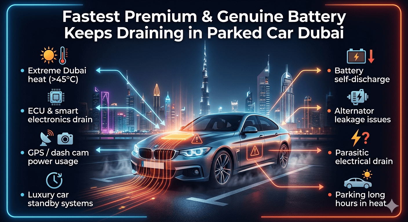 Luxury infographic showing a premium car in Dubai with battery draining issue, surrounded by causes like heat, ECU systems, GPS tracking, and electrical drain highlighted in side panels with modern design.