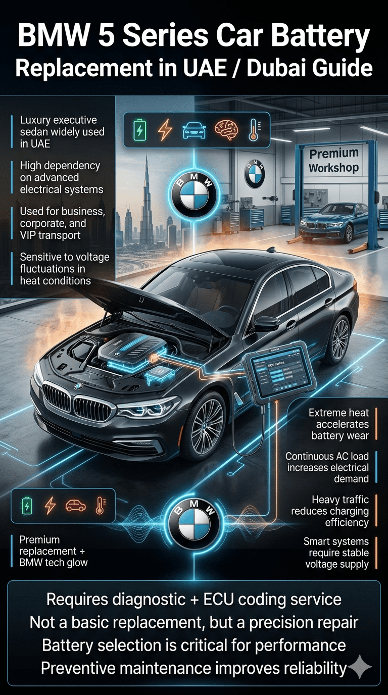 Infographic showing BMW 5 Series luxury sedan with battery system and ECU diagnostics highlighted, explaining UAE heat impact, electrical load, and precision battery replacement requirements in Dubai.