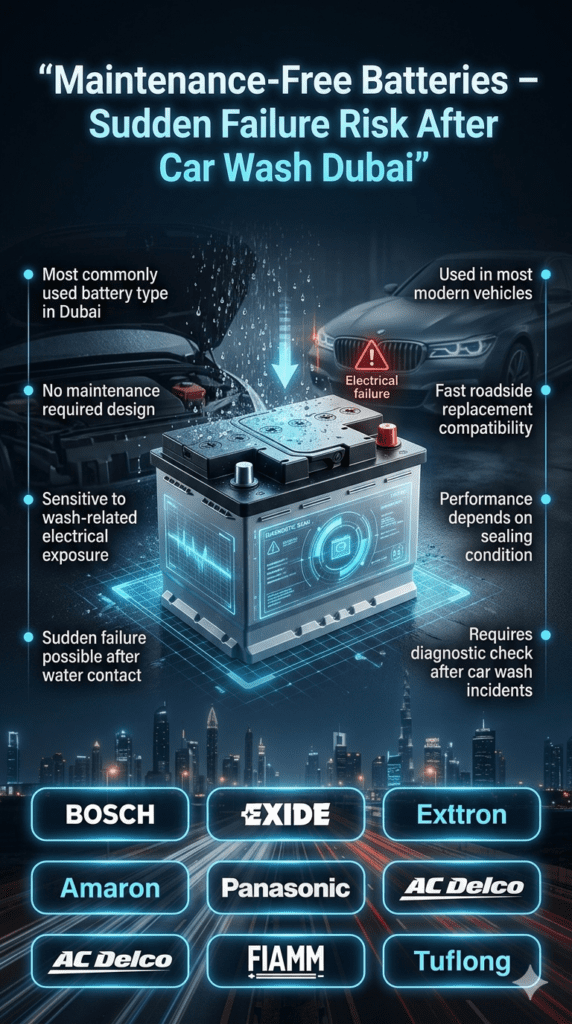 Maintenance-free car battery infographic showing sudden failure risk after car wash in Dubai and premium replacement brands including Bosch, Exide, Amaron, Panasonic, AC Delco, FIAMM, and Tuflong.