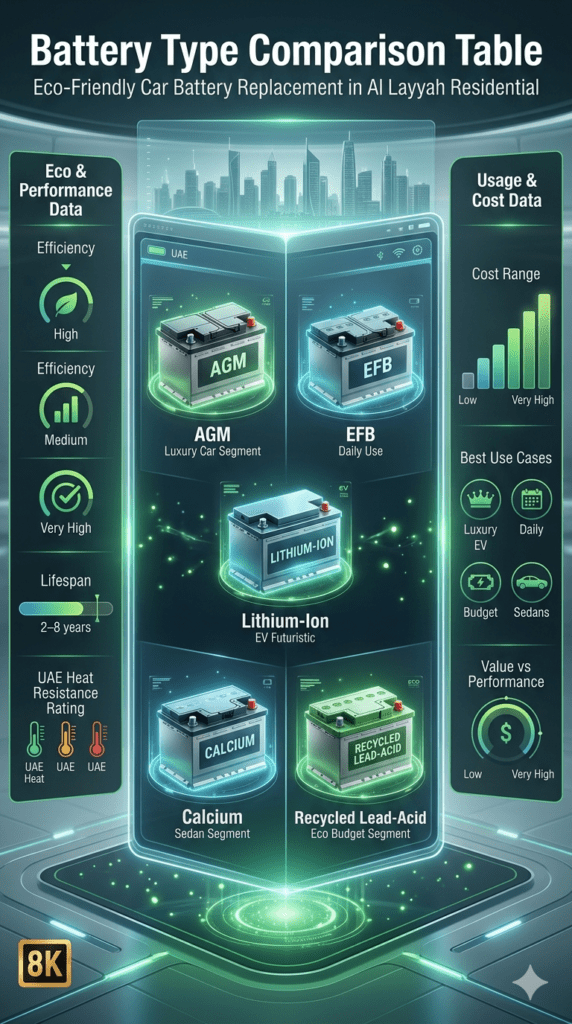 Battery Type Comparison Table – Eco-Friendly Car Battery Replacement in Al Layyah Residential Infographic comparing AGM, EFB, Lithium-Ion, Calcium, and Recycled Lead-Acid car batteries with efficiency, lifespan, heat resistance, cost, and best use in a futuristic automotive design.
