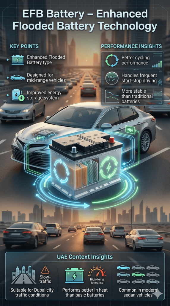 EFB battery infographic showing enhanced flooded battery technology used in mid-range vehicles with better cycling performance and Dubai city driving conditions visualization.