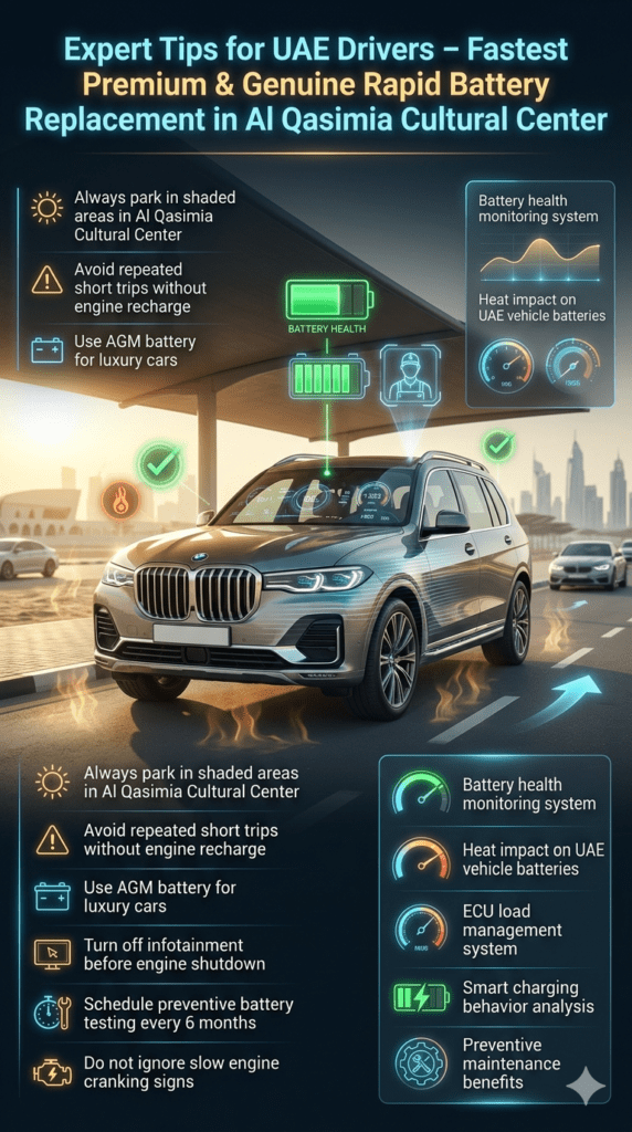 Expert Tips for UAE Drivers – Car Battery Care Guide in Al Qasimia Cultural Center Luxury automotive infographic showing expert battery maintenance tips for UAE drivers including parking shade advice, AGM battery usage, and preventive care in Al Qasimia Cultural Center.