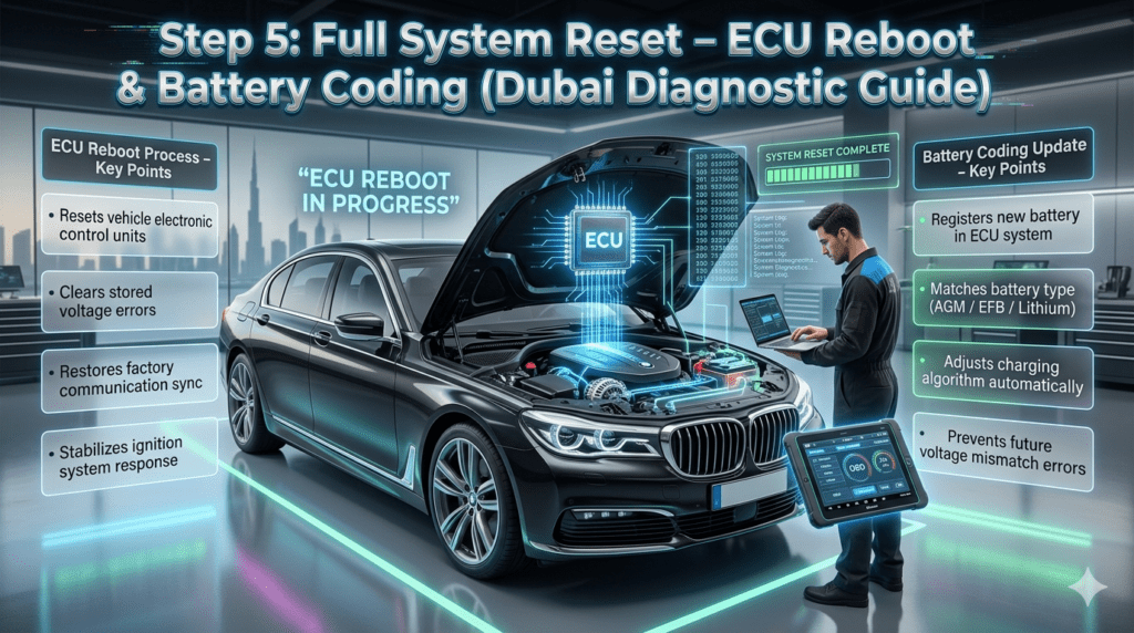 Luxury car ECU reboot and battery coding system reset process in Dubai showing diagnostic tools, ECU module, and smart automotive programming interface.