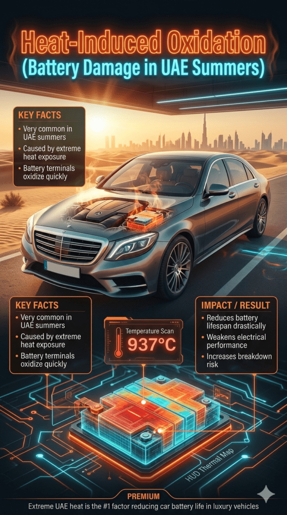 Luxury Dubai automotive infographic showing heat-induced oxidation in car battery with thermal warning effects, futuristic HUD diagnostics, and premium vehicle under extreme summer heat.