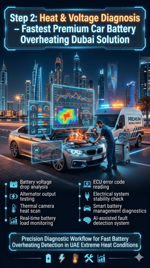 Luxury car battery overheating diagnostic scene in Dubai showing technician using thermal camera, OBD-II scanner, and holographic voltage analysis system during heat and voltage testing process.