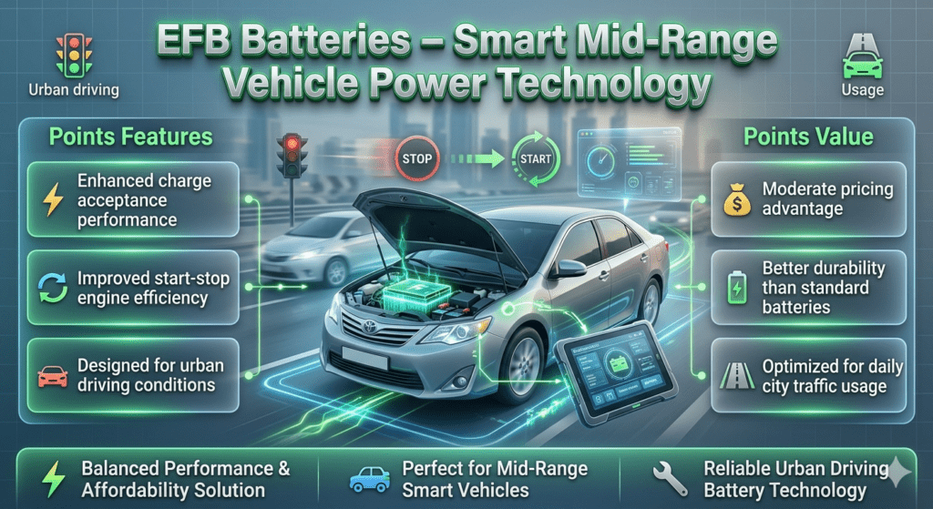 EFB Batteries – Smart Mid-Range Vehicle Start-Stop Power System Guide Futuristic infographic showing EFB battery technology for mid-range vehicles with enhanced charge acceptance, start-stop performance, and urban driving compatibility in modern automotive design.