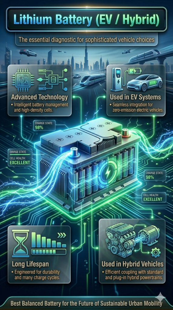 Lithium Battery for EV and Hybrid vehicles showing advanced technology, long lifespan, and futuristic energy system design in a high-tech infographic layout.