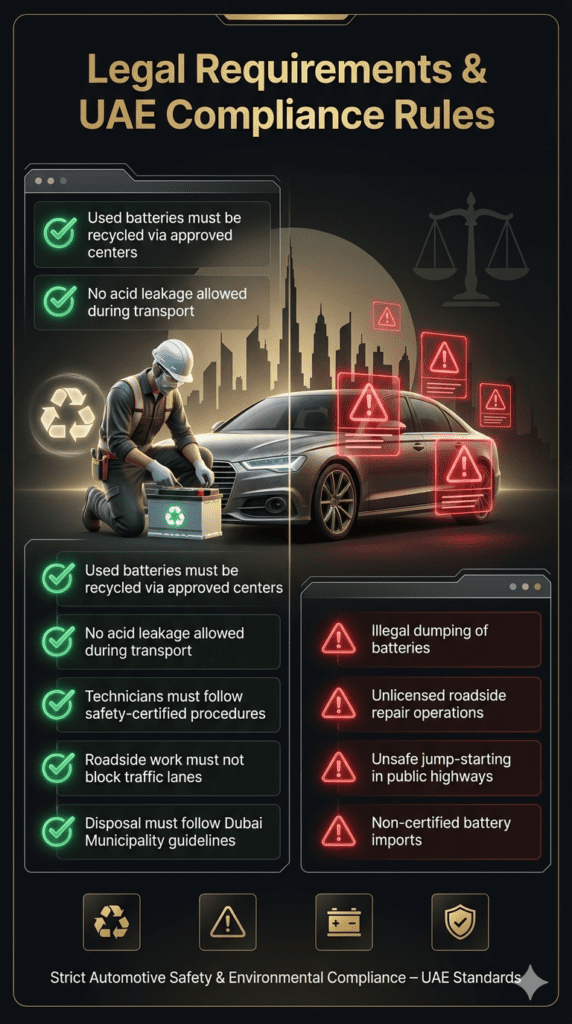 Automotive compliance infographic showing UAE legal requirements for car battery replacement including recycling rules, safety procedures, and violation warnings.
