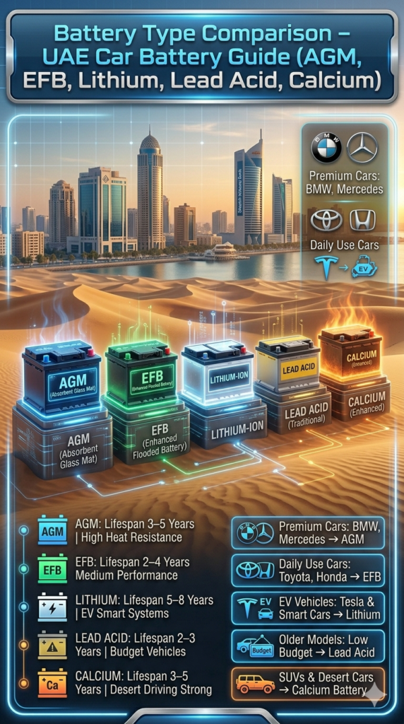 Infographic showing different car battery types with lifespan, heat resistance, and vehicle compatibility for UAE conditions.

📌 Caption

Complete UAE battery comparison guide showing AGM, EFB, Lithium, Lead Acid, and Calcium batteries with lifespan and vehicle usage.

📄 Description

This professional automotive infographic presents a detailed battery type comparison for UAE driving conditions. It highlights AGM, EFB, Lithium, Lead Acid, and Calcium batteries with their lifespan, heat resistance levels, vehicle compatibility, and real-world usage. Designed for hot climate performance understanding, this guide helps drivers choose the right battery for luxury cars, daily commuters, SUVs, and electric vehicles in the UAE environment.