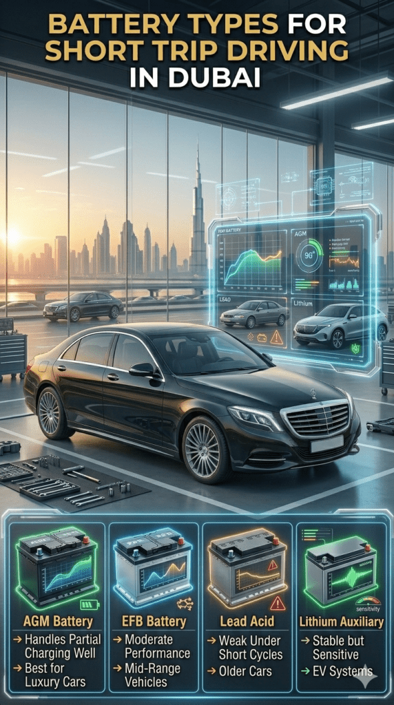 BATTERY TYPES FOR SHORT TRIP DRIVING IN DUBAI – AGM, EFB, LEAD ACID & LITHIUM Dubai car battery comparison infographic showing AGM, EFB, Lead Acid, and Lithium battery performance for short trip driving conditions.
