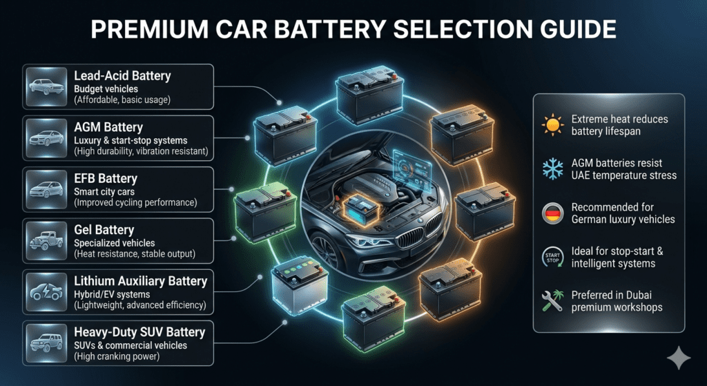 Car Battery Types & Selection Guide (Dubai / UAE Heat Optimized) Infographic showing different car battery types including Lead-Acid, AGM, EFB, Gel, Lithium, and Heavy-Duty SUV batteries with focus on Dubai heat conditions and luxury vehicle compatibility.