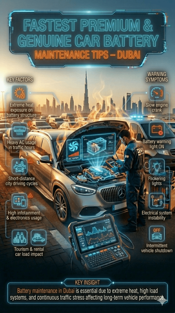 Luxury car battery maintenance infographic in Dubai showing mobile mechanic inspecting battery system with holographic diagnostics highlighting heat impact, electrical load, and maintenance factors in extreme UAE conditions.