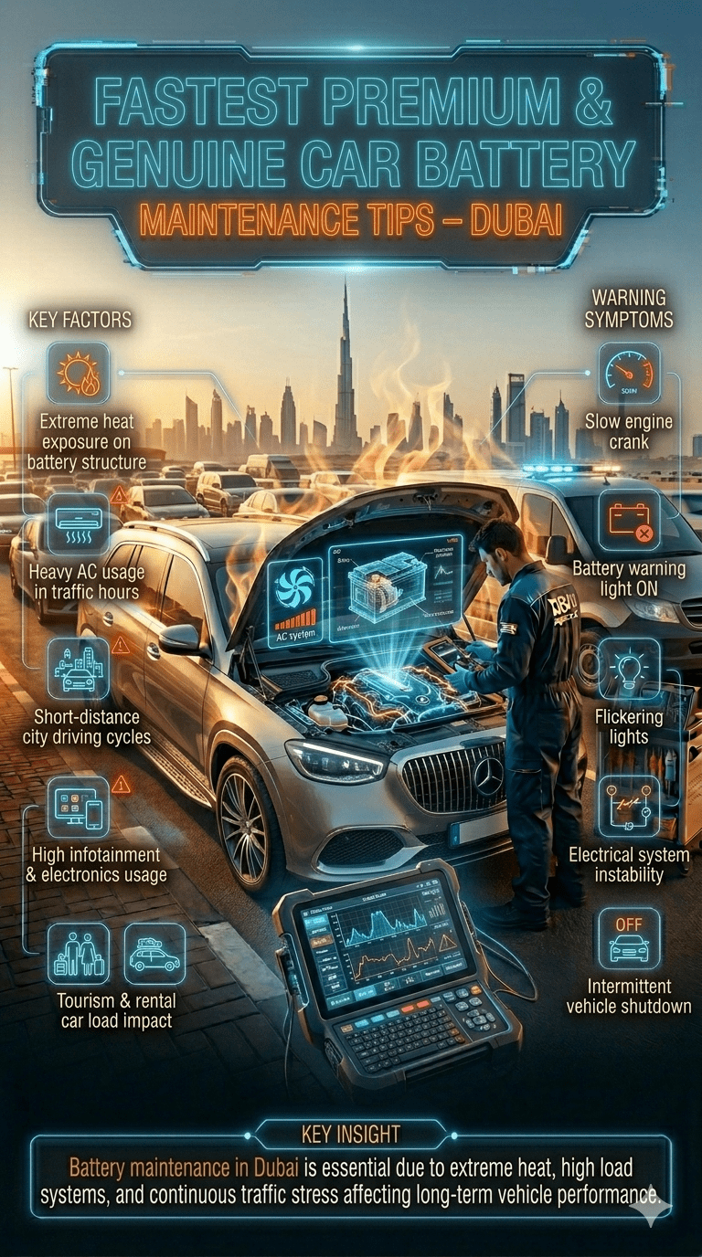 Luxury car battery maintenance infographic in Dubai showing mobile mechanic inspecting battery system with holographic diagnostics highlighting heat impact, electrical load, and maintenance factors in extreme UAE conditions.