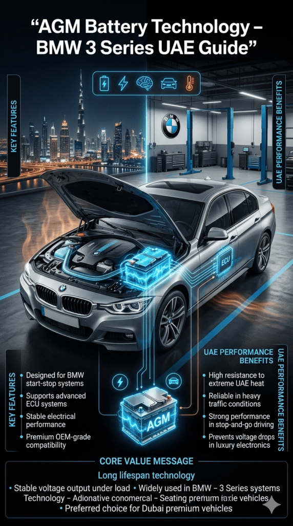 Infographic showing BMW 3 Series sedan with AGM battery highlighted in engine bay, explaining start-stop system compatibility, ECU support, long lifespan, stable voltage output, and UAE heat resistance performance.