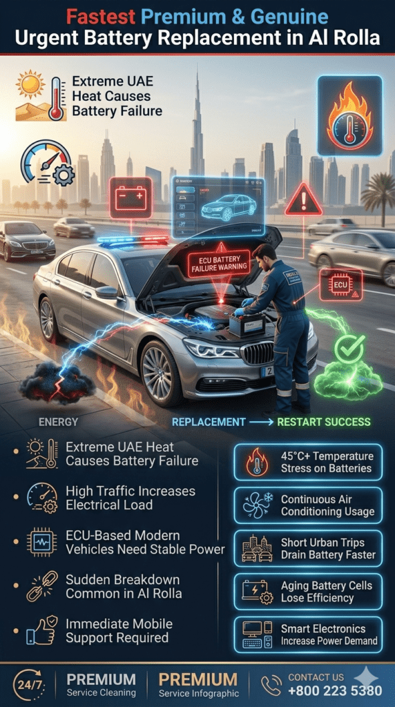 Emergency mobile car battery replacement in Al Rolla Dubai showing technician replacing battery in luxury vehicle under extreme heat conditions with ECU diagnostic warning and roadside assistance setup.