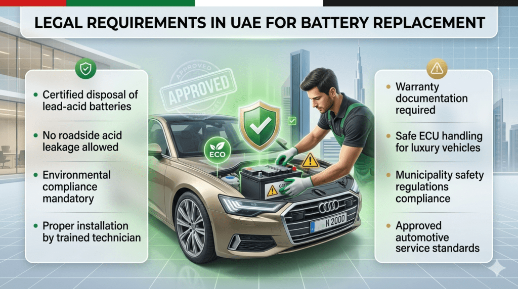 Infographic showing UAE legal requirements for car battery replacement including certified disposal, safety rules, ECU handling, and technician installation standards.