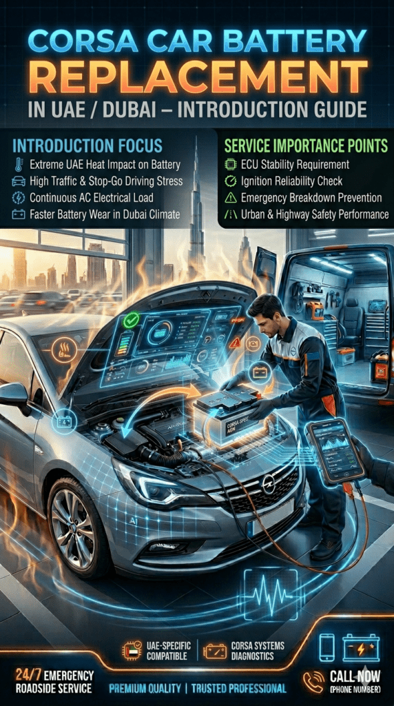 Opel Corsa car battery replacement introduction showing heat impact ECU system and battery failure in Dubai UAE driving conditions
