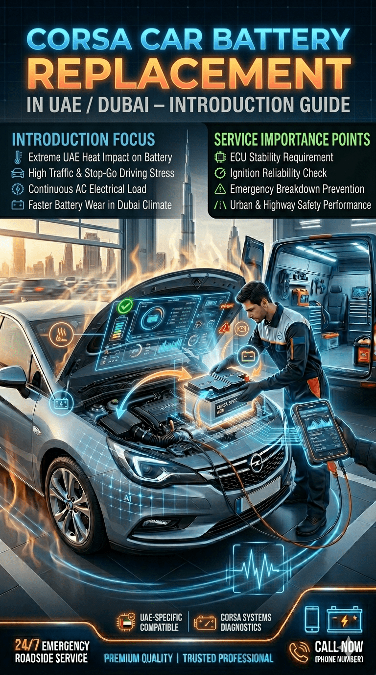 Opel Corsa car battery replacement introduction showing heat impact ECU system and battery failure in Dubai UAE driving conditions
