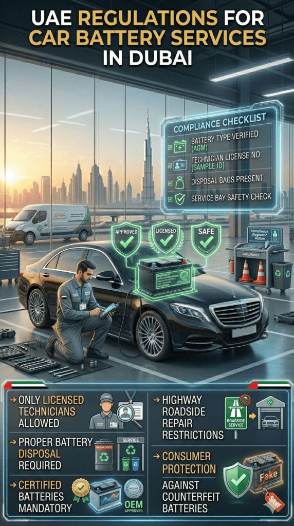 UAE REGULATIONS FOR CAR BATTERY SERVICES IN DUBAI – SAFETY & COMPLIANCE GUIDE Dubai automotive battery service compliance infographic showing UAE regulations for licensed technicians, certified batteries, and safe roadside repair rules.