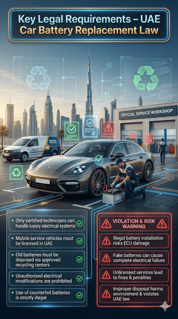 Key Legal Requirements for Porsche Panamera Battery Replacement UAE / Dubai Luxury legal infographic showing UAE regulations for Porsche Panamera battery replacement, including certified technicians, licensed mobile services, recycling rules, and counterfeit battery warnings.