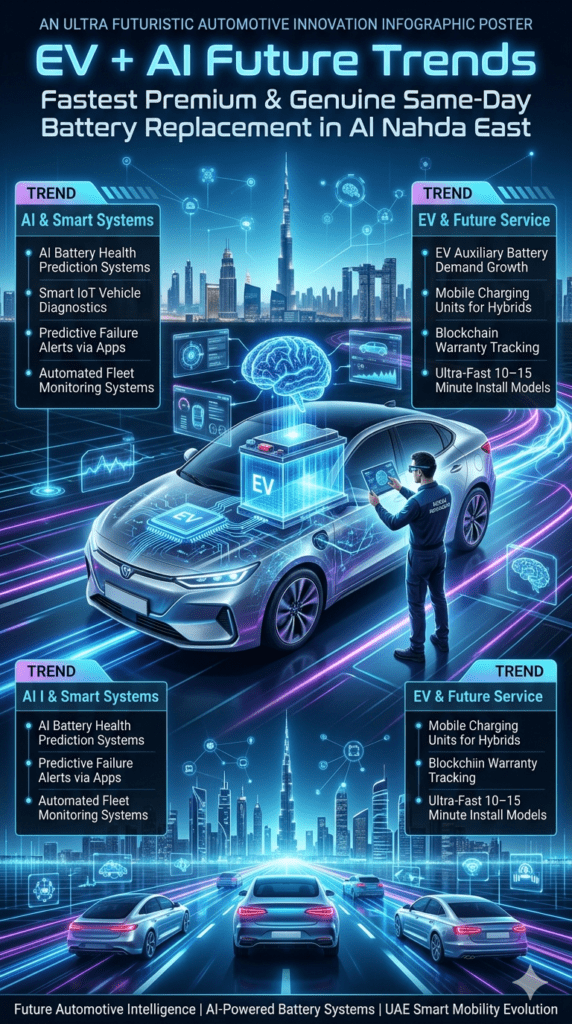 Future Trends in Car Battery Replacement – EV & AI Transformation in Al Nahda East Futuristic infographic showing AI and EV-based trends in car battery replacement in Al Nahda East with smart diagnostics, IoT systems, and predictive automotive technology.