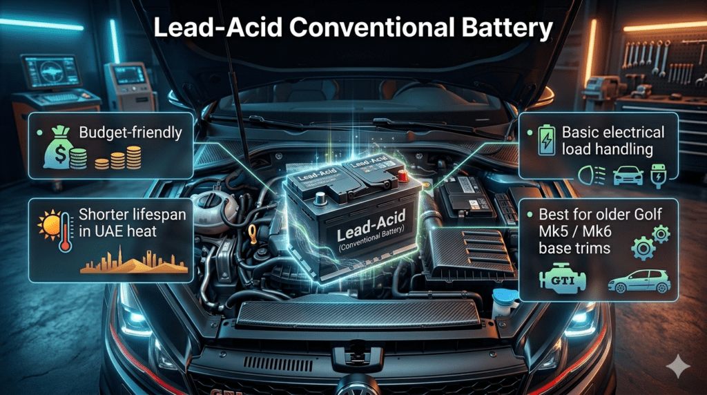 Infographic showing Lead-Acid Conventional Battery for older Volkswagen Golf models with features, benefits, and limitations displayed around a central battery image.